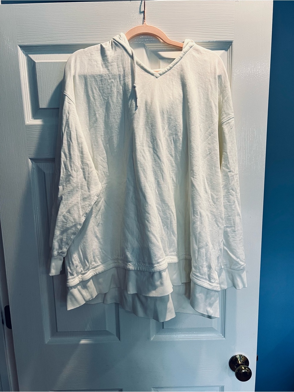 Women's V-Neck Layered Hem Hoodie in Off-White